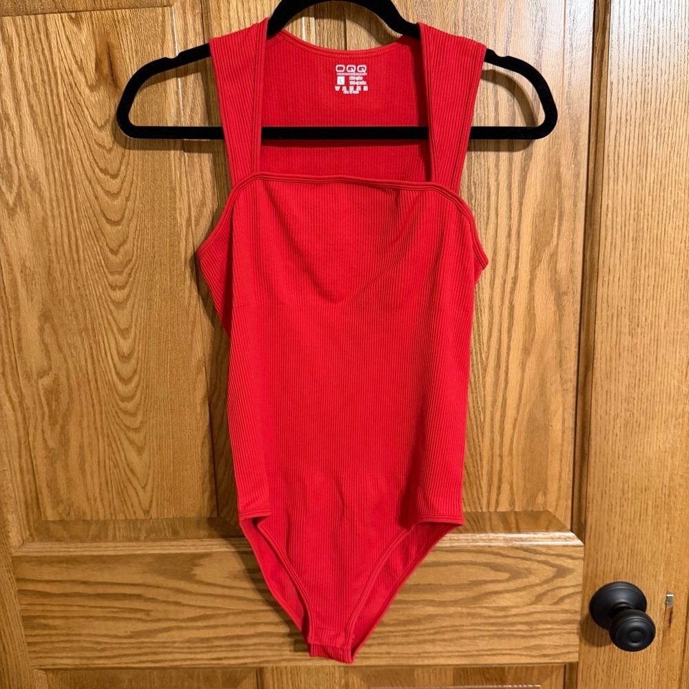OQQ Red Ribbed Bodysuit